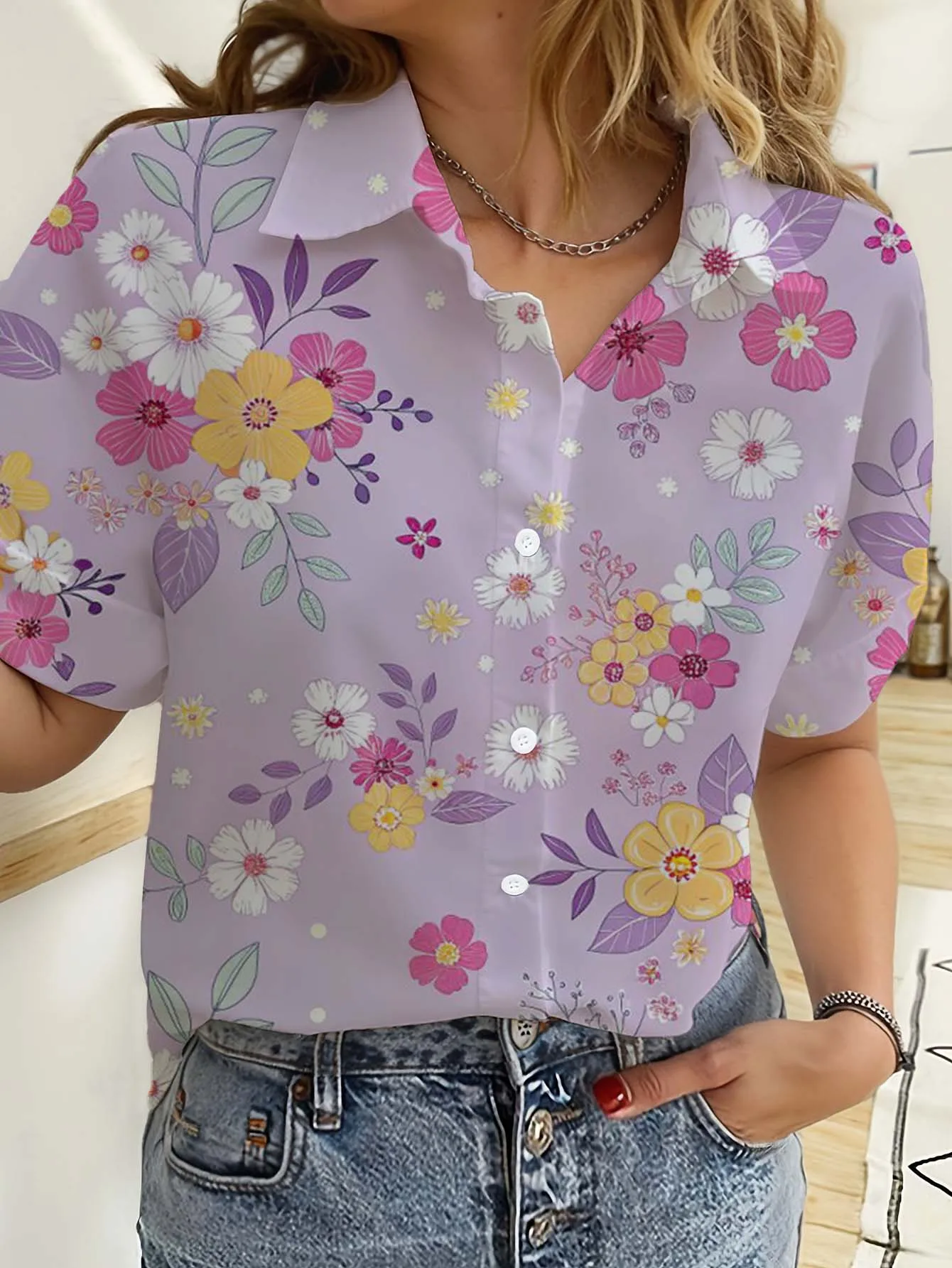 Romper Floral Print - Hawaiian Womens Shirts Short Sleeve Button